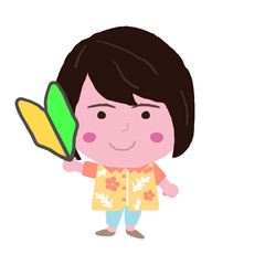 初心者マークを持つ沖縄のかりゆしウェアを着た女性　イラスト素材