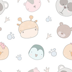 Baby seamless pattern with hand drawn animals. Seamless background with cute animals head. childish style great for fabric and textile, wallpapers, backgrounds.