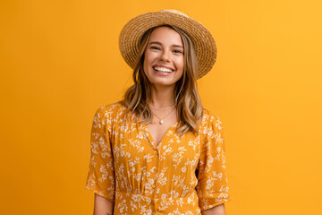 beautiful attractive stylish woman in yellow dress and straw hat