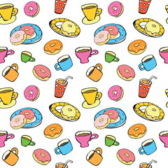 Seamless background with cartoon cups, donuts, desserts.