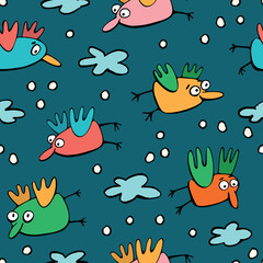 Comic birds on a blue background. Great for fabric, baby prints, wallpapers and other surfaces.