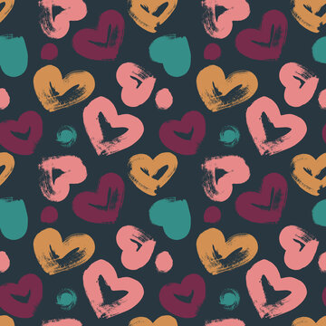 Seamless abstract pattern with hearts and dry brush strokes on a dark background.