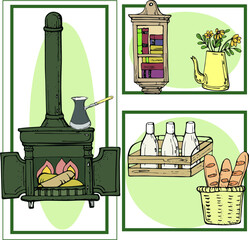 vector illustration an old cast-iron fireplace stove,an old wooden shelf with books,a jug of flowers,a basket of bread,a frame,for design card or postcard