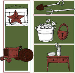 vector illustration decor,farm items,tractor,shovel,pitchfork,lock,cotton bucket,table with vase,frame,retro style,for design