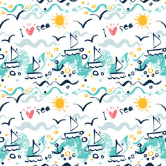 I love the sea. Seamless pattern in the concept of children's drawings. Seamless pattern with ships, fish, sun, clouds, sea and waves.