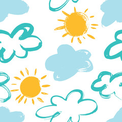 Seamless pattern with clouds and sun. Dry brush.