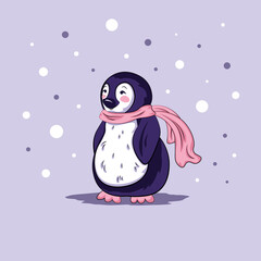 Winter little arctic penguin kid with pink scarf. Natural vector illustration in simple flat style. Hand-drawn wild animalistic childish character under snowfall on blue or purple background.
