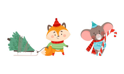 Happy animals celebrating Christmas set. Cute fox and mouse characters wearing warm winter clothes with candy cane and Xmas tree cartoon vector illustration