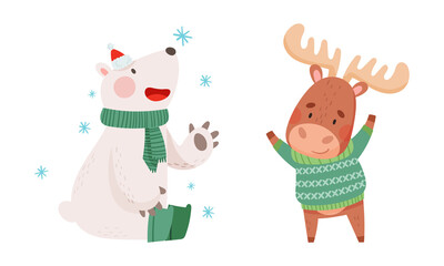 Obraz na płótnie Canvas Happy animals celebrating Christmas set. Cute polar bear and reindeer in warm winter clothes vector illustration
