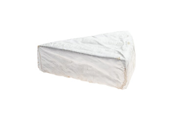 Piece of brie or camembert cheese isolated on white background. Soft cheese covered with edible white mold. A single object has a triangular shape.
