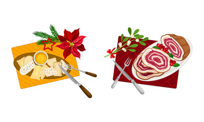 Christmas Eve traditional dishes set. Top view of festive dishes served on plate vector illustration