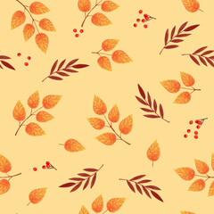 Seamless pattern of orange, red and yellow autumn leaves on yellow background. Pattern for textile, design and decoration