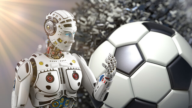 Detailed appearance of the white AI Robot and Soccer Ball with sun light. Concept image of sports activity, strategy and science. 3D sketch design and illustration. 3D high quality rendering.
