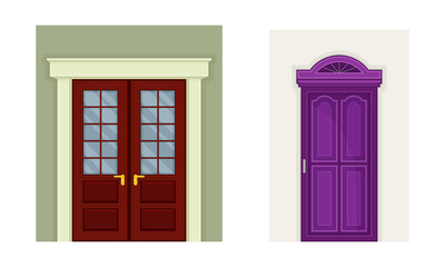 Vintage style wooden doors set. Front doorway exterior vector illustration