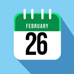 February day 26. Number twenty six on a white paper with green border on a blue background calendar sheet. Vector illustration.