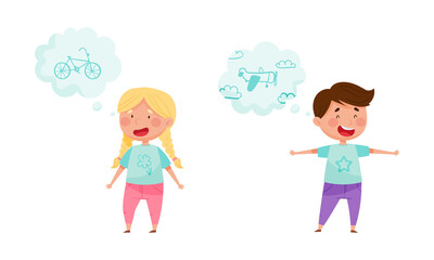 Kids with dream wishes in bubbles set. Children thinking about of flying on airplane and new bike cartoon vector illustration