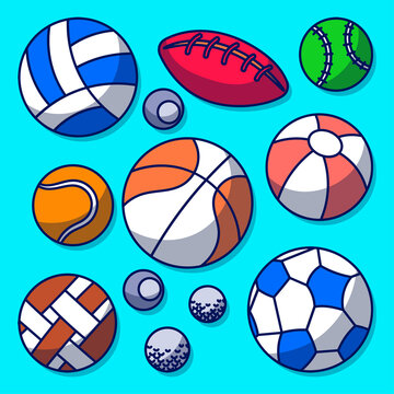 Different of sport balls clipart with colored hand drawn outline style