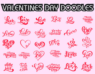 Valentine`s Day Lettering Designs, Valentine`s Day Doodle Set with hand drawn elements., Vector illustration.