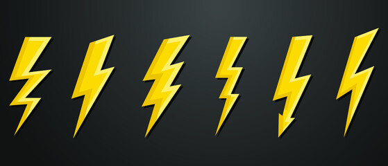 Thunder and Bolt Lighting Flash Icons Set. Flat Style on Dark Background. Vector illustration.