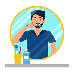 Man brushing teeth in the bathroom in flat design. Guy cleaning teeth to prevent tooth decay. Dental care.