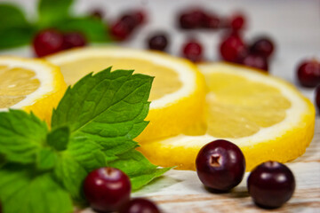 Lemon slices, mint and cranberries