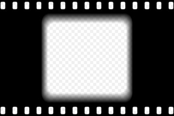 Obraz premium Old black cinematic frame with transparent background. Antique filmstrip slide template in realistic style. Vector illustration video and photo tape.
