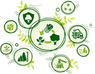 Sustainable forest management and reforestation vector illustration. Green concept with icons related to forrest conservation / forestry, lumber, logging or timber industry / plantation ecosystem.