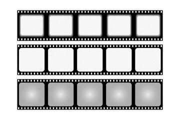 Obraz premium Set old retro film strip frame isolated on white background. Antique films slide template in realistic style. Vector illustration video and photo tape.