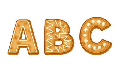 A,B,C letters covered by icing sugar. Ginger cookies Christmas alphabet cartoon vector illustration