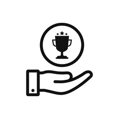 Trophy on hand. Winner, success, award icon line style isolated. Vector illustration