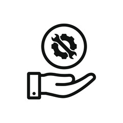Gear and wrench on hand. Settings, configuration, maintenance icon line style isolated. Vector illustration