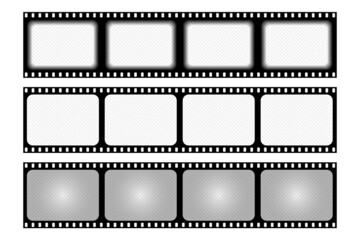 Set old retro film strip frame isolated on white background. Antique films slide template in realistic style. Vector illustration video and photo tape.