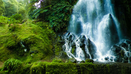 Waterfall at Botanical Garden of Ribeira do Guilherme, S?o Miguel Island, Azores archipelago