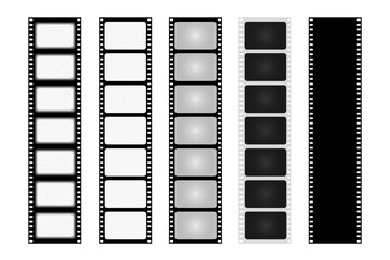 Set old retro film strip frame isolated on white background. Antique films slide template in realistic style. Vector illustration video and photo tape.