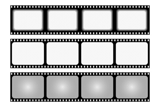 Set old retro film strip frame isolated on white background. Antique films slide template in realistic style. Vector illustration video and photo tape.