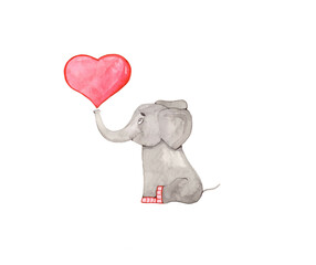 Watercolor illustration of a cute baby elephant blowing a heart out of its trunk. Gray and pink shades. For children's books, postcards, birthday invitations. Funny  character elephant and a ballo