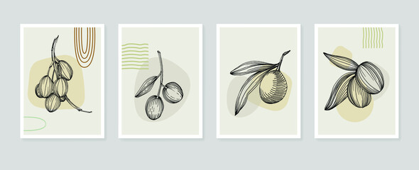 Olives botanical wall art vector. Sketch boho foliage line art drawing with abstract shape. Draw plant art design for print, cover, wallpaper, minimal and natural wall art.