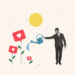 Creative design. Contemporary art collage. Businessman watering flowers with social medial like...
