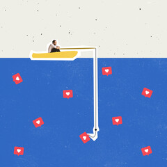Contemporary art collage. Man in a boat fishing social media likes