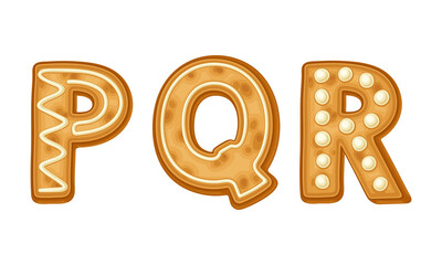 P,Q,R letters covered by icing sugar. Ginger cookies Christmas alphabet cartoon vector illustration