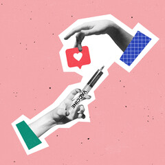 Creative design. Contemporary art collage in vintage style. Female hands with syringe and like symbol