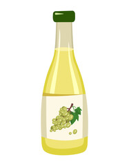 Bottle with yellow grape juice, whole fruit with leaves. Delicious healthy drink and product. Food vector flat illustration