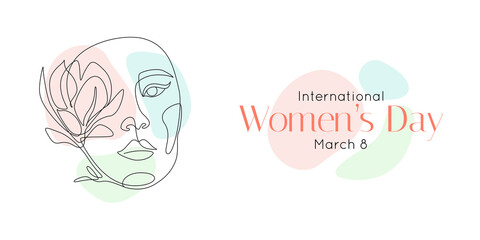 International women's day greeting card. Woman face with flower in one continuous line drawing. Abstract female portrait in simple linear style. Doodle Vector illustration for 8 march