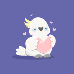 White cockatoo. The bird hugs a pink heart. Vector cartoon parrot.
