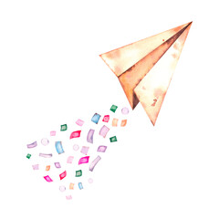 Watercolor craft paper airplane with confetti on a white background