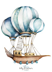 Naklejka premium Watercolor collection with air balloons,clouds in pastel colours.Handpainted air ballons beautifully decorated on white background,pastel clouds and multicolored flags.Watercolor set