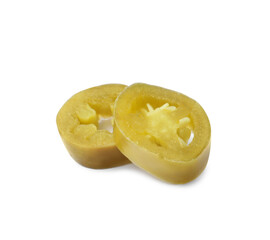 Slices of pickled green jalapeno on white background