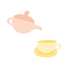 シンプルでフラットなティーポットとティーカップ