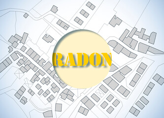 Dangerous radon gas in the underground of the city concept illustration with an imaginary General Urban Plan with Radon text in the subsoil
