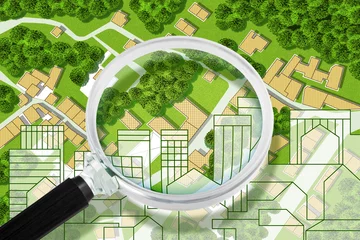 Fotobehang Real Estate concept with an imaginary cadastral map of territory with cityscape, buildings, roads and land parcel - Concept image seen through a magnifying glass © Francesco Scatena